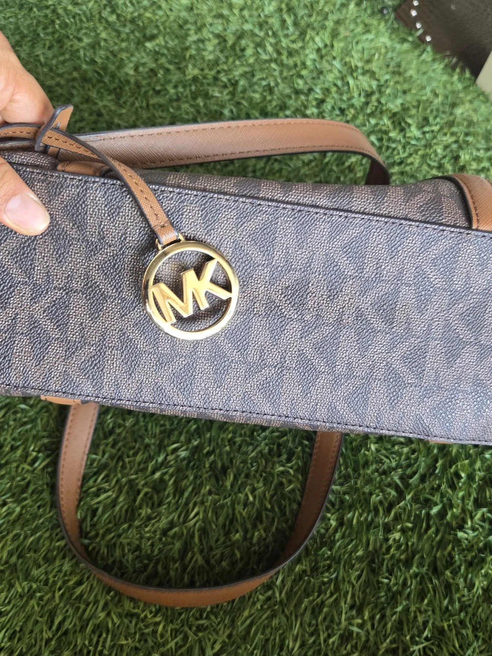 Michael Kors Brown Signature Logo Tote with Tan Trim